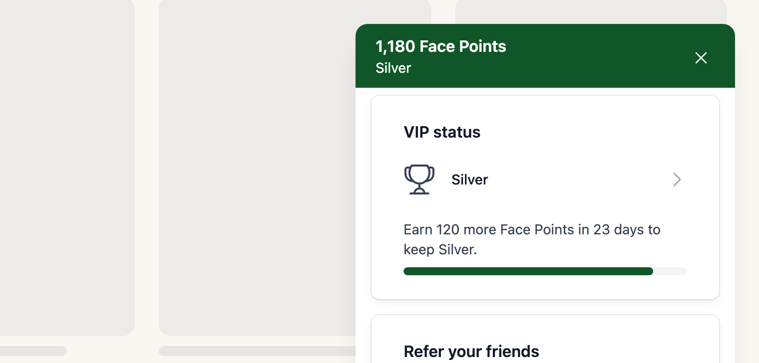 The VIP status card in the RewardsWP rewards widget for a Silver member in a grace period, reading Earn 120 more Face Points in 23 days to keep Silver.