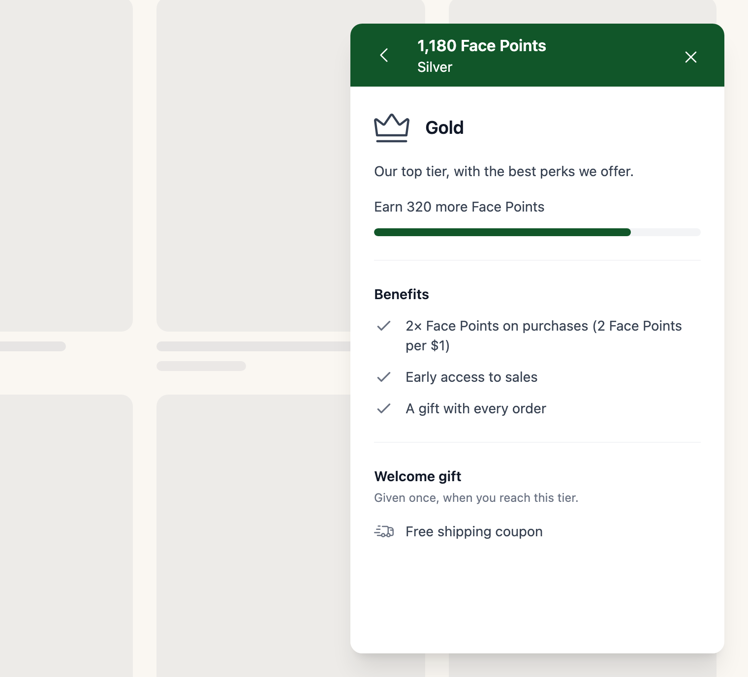 The Gold tier in the RewardsWP rewards widget, with its 2x Face Points multiplier, free shipping welcome gift and perks, and how many more Face Points a Silver member needs to reach it.