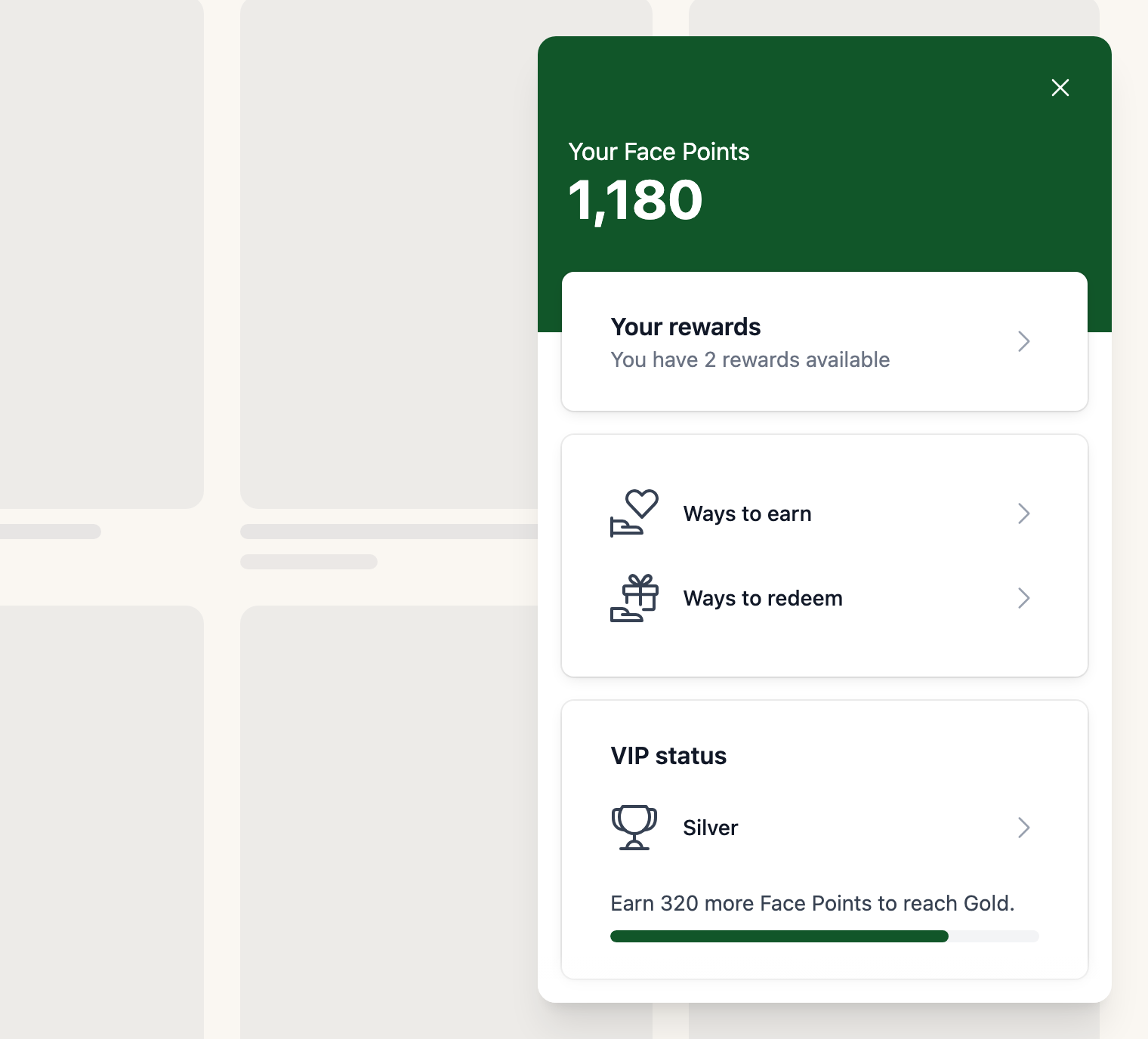 The home panel of the RewardsWP rewards widget for a Silver member with 1,180 Face Points, showing their rewards, ways to earn and redeem, and their VIP status.