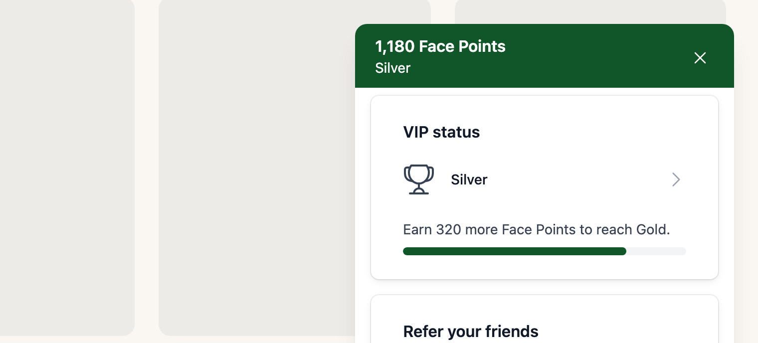Der VIP-Statusbereich im RewardsWP-Belohnungs-Widget für ein Silbermitglied, der besagt: Verdienen Sie 320 weitere Face Points, um Gold zu erreichen, mit einer Fortschrittsleiste.