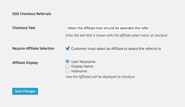 EDD Checkout Referrals' plugin settings