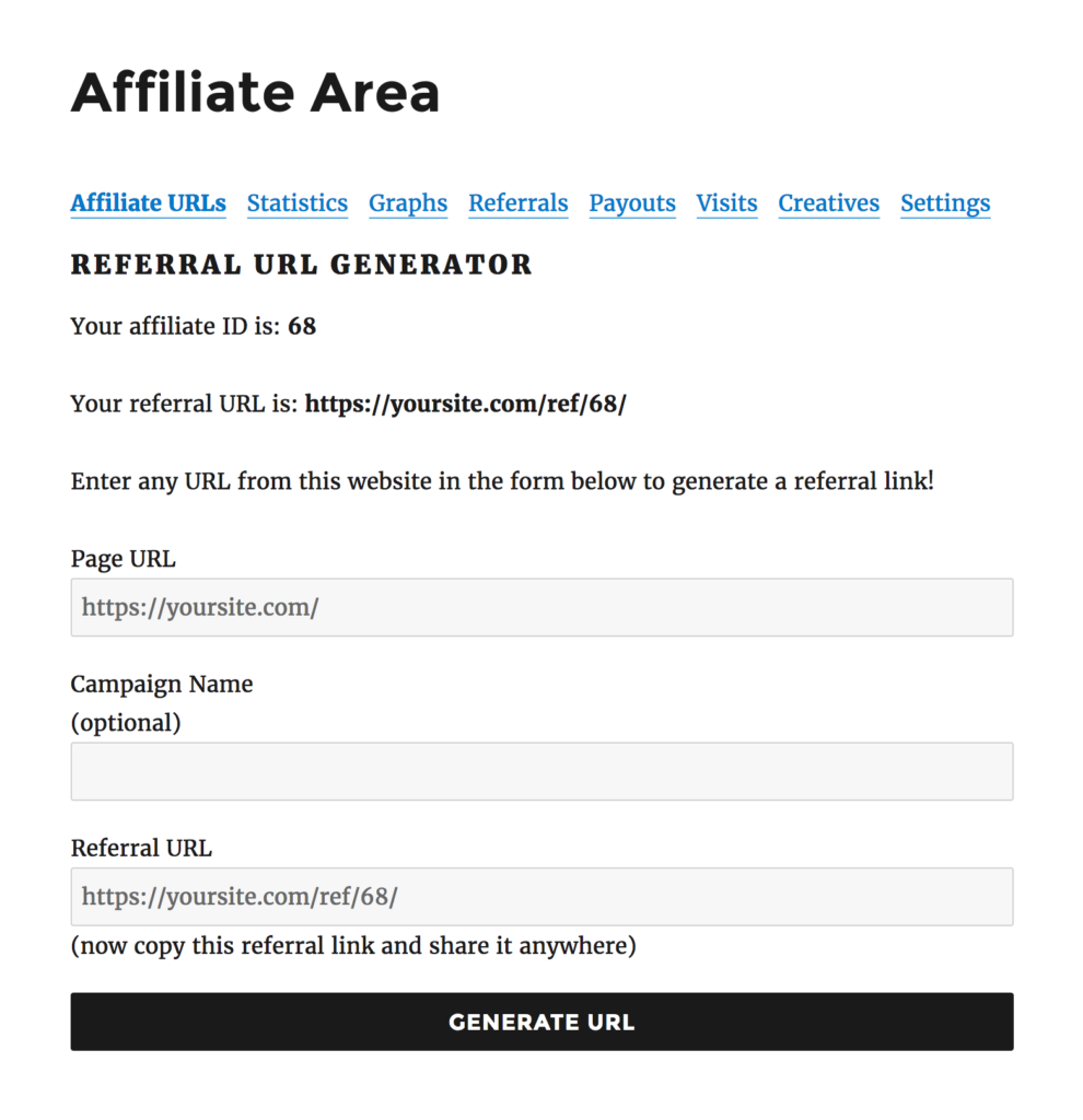 Affiliate Area - Affiliate URL Generator