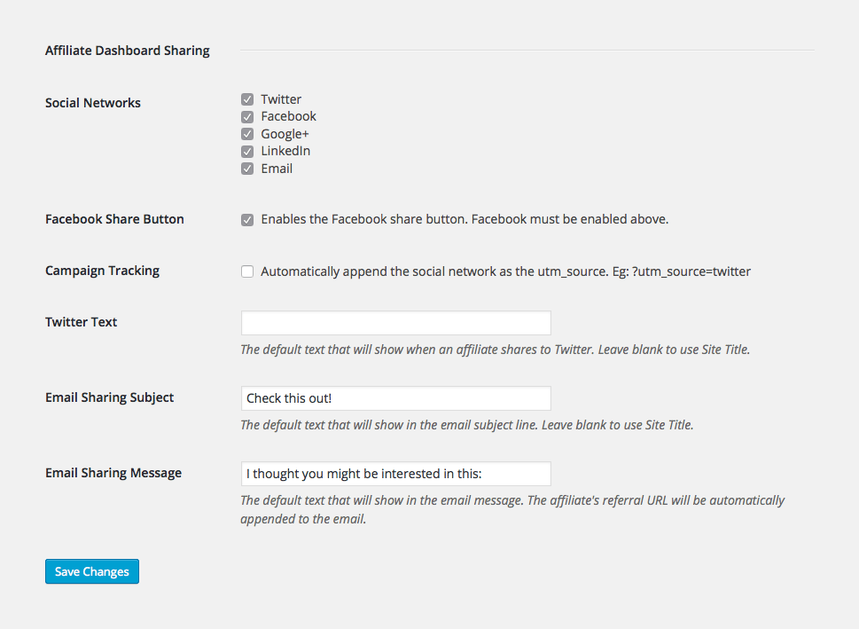The settings of the Affiliate Dashboard Sharing add-on