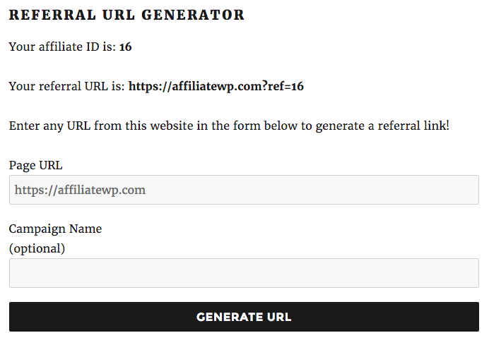 The sharing buttons are hidden until the affiliate clicks "Generate URL"
