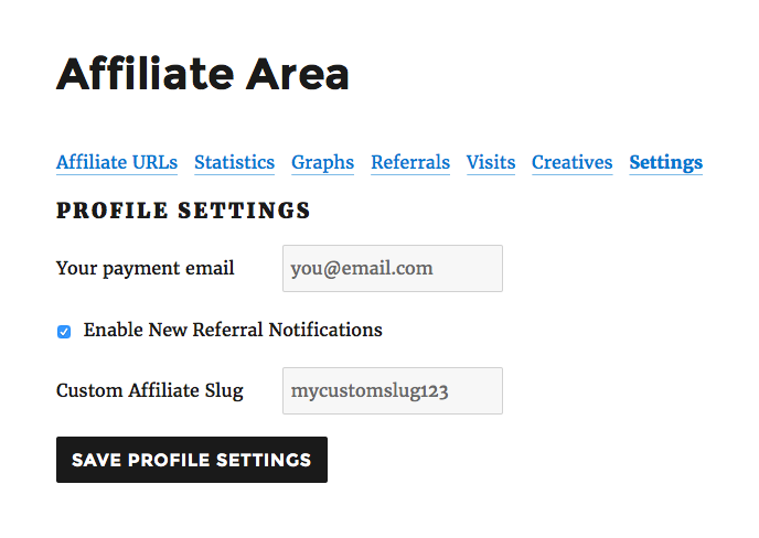 The Affiliate Area settings tab where the custom affiliate slug can be set