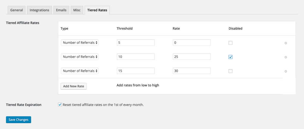 Disable tiers in Tiered Rates screen