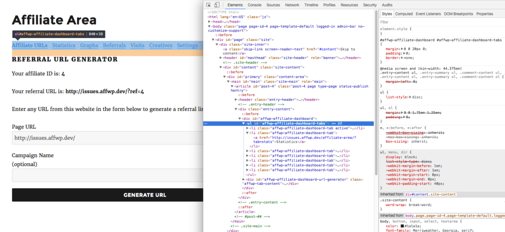 Inspecting the Affiliate Area with the browser's developer tools