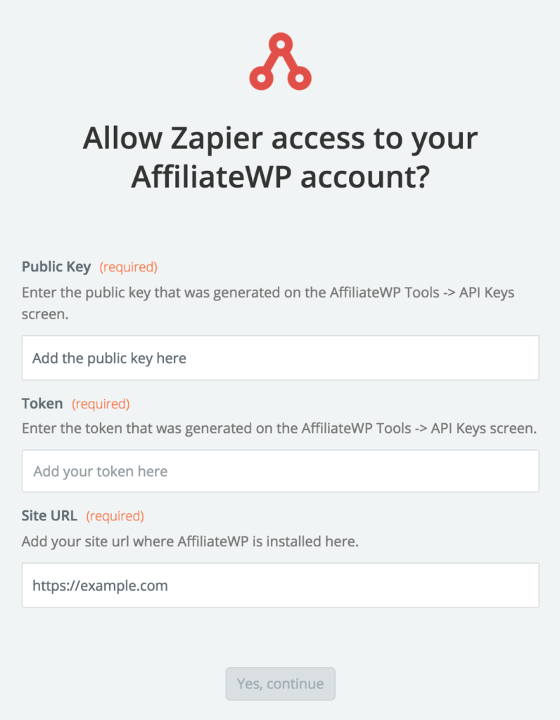 Pop-up window from Zapier.com prompting for authentication with AffiliateWP on your site