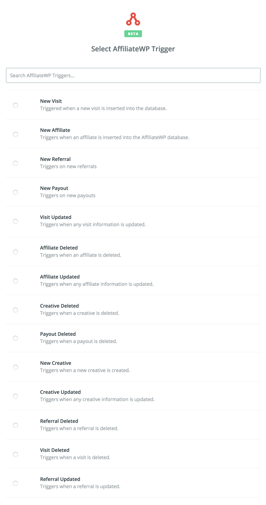 An image depicting a list of Zapier triggers available in the AffiliateWP Zapier app
