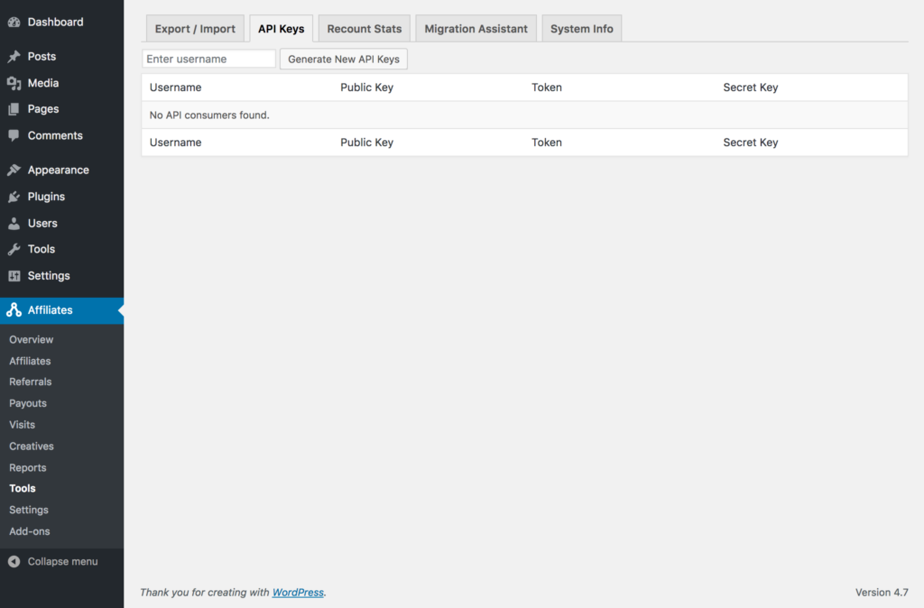 API tab in AffiliateWP Tools
