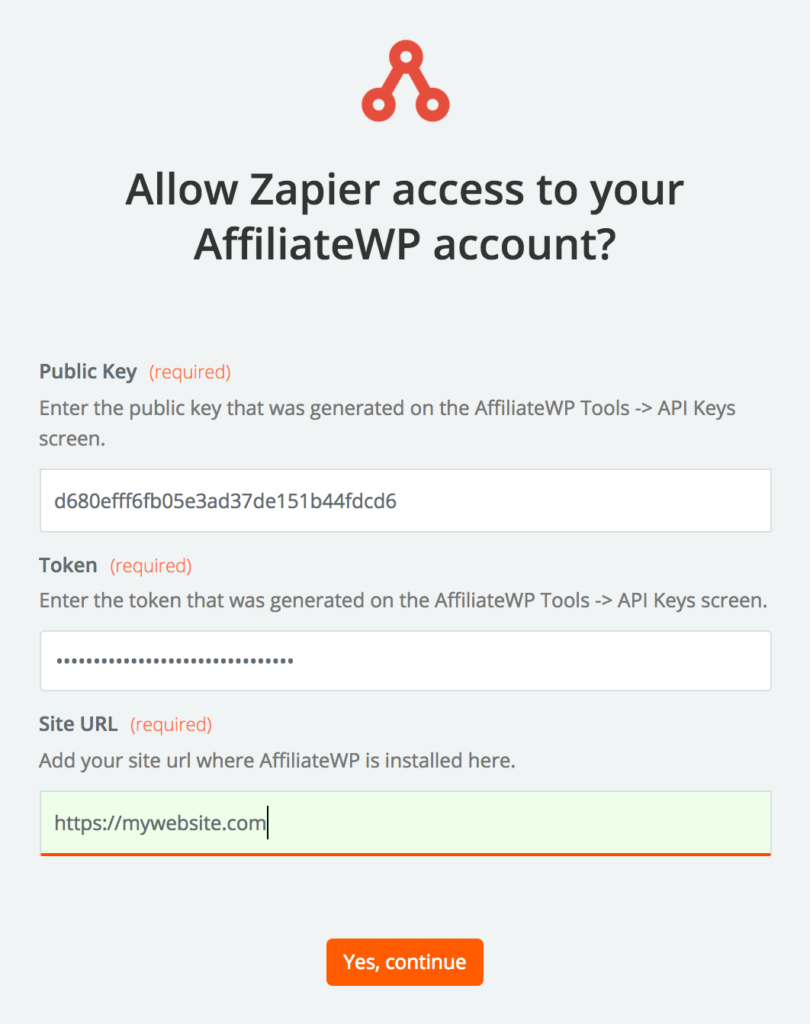 Enter AffiliateWP's API keys into Zapier