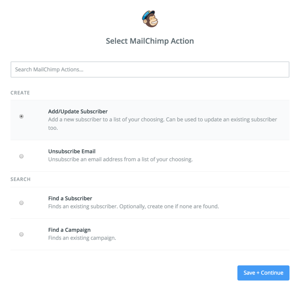 Select the MailChimp Action