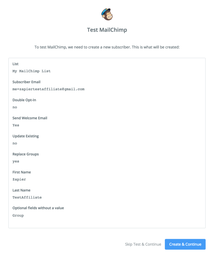 Test MailChimp Action in Zapier