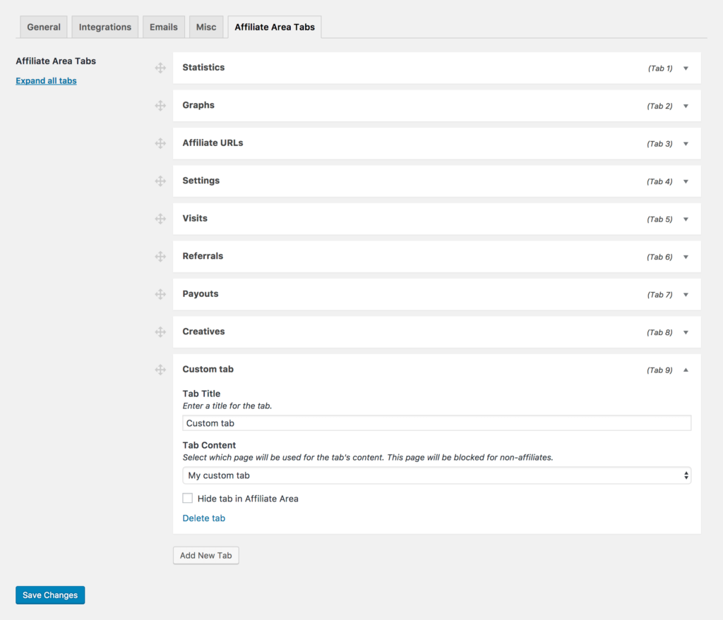 Affiliate Area Tabs has a new admin interface