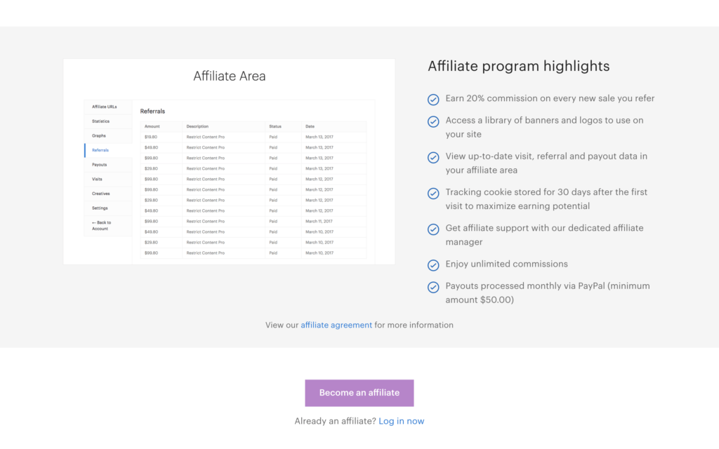 Affiliate page example (Restrict Content Pro)