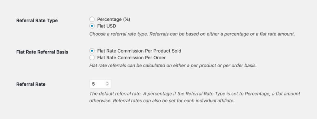 The Flat Rate Referral Basis setting on the AffiliateWP settings screen