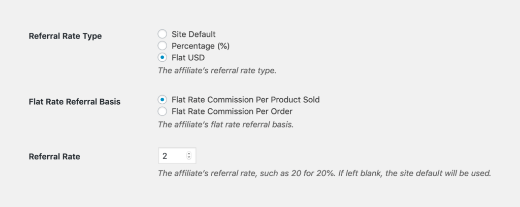 The Flat Rate Referral Basis can also be set at a per-affiliate level