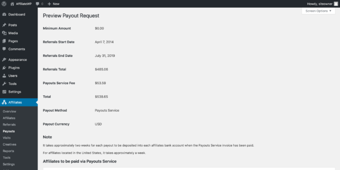 preview payouts service payout request