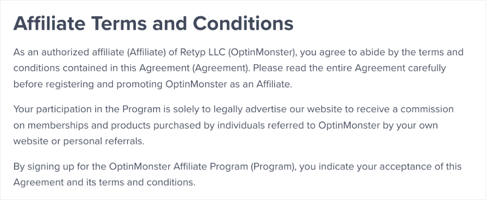 affiliate onboarding - terms and conditions