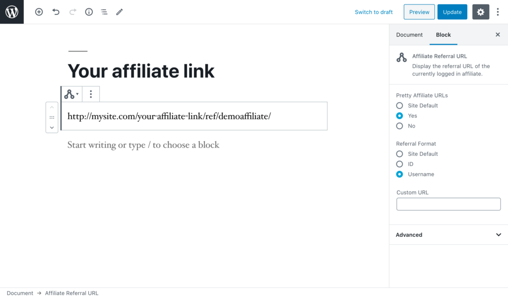 The WordPress editor showing the Affiliate Referral URL block