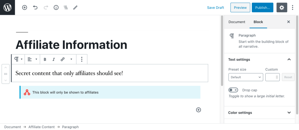 The WordPress editor showing the Affiliate Content block