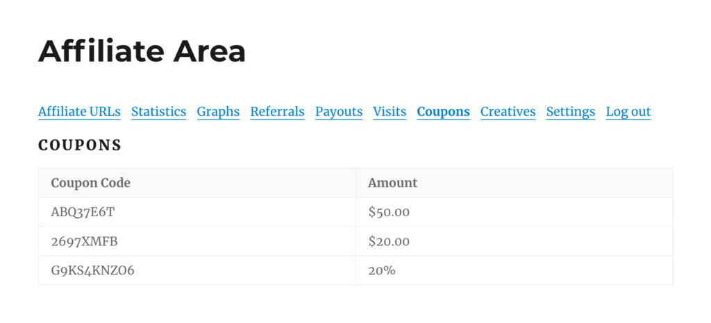 The new "Coupons" tab within the Affiliate Area. Shown with the WordPress "Twenty Sixteen" theme.