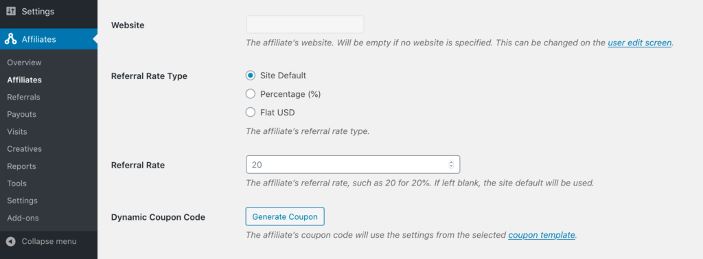 Generating a dynamic coupon for a single affiliate.