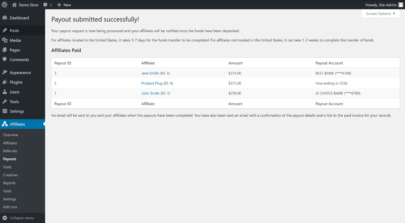 Screenshot - Payouts Service success screen