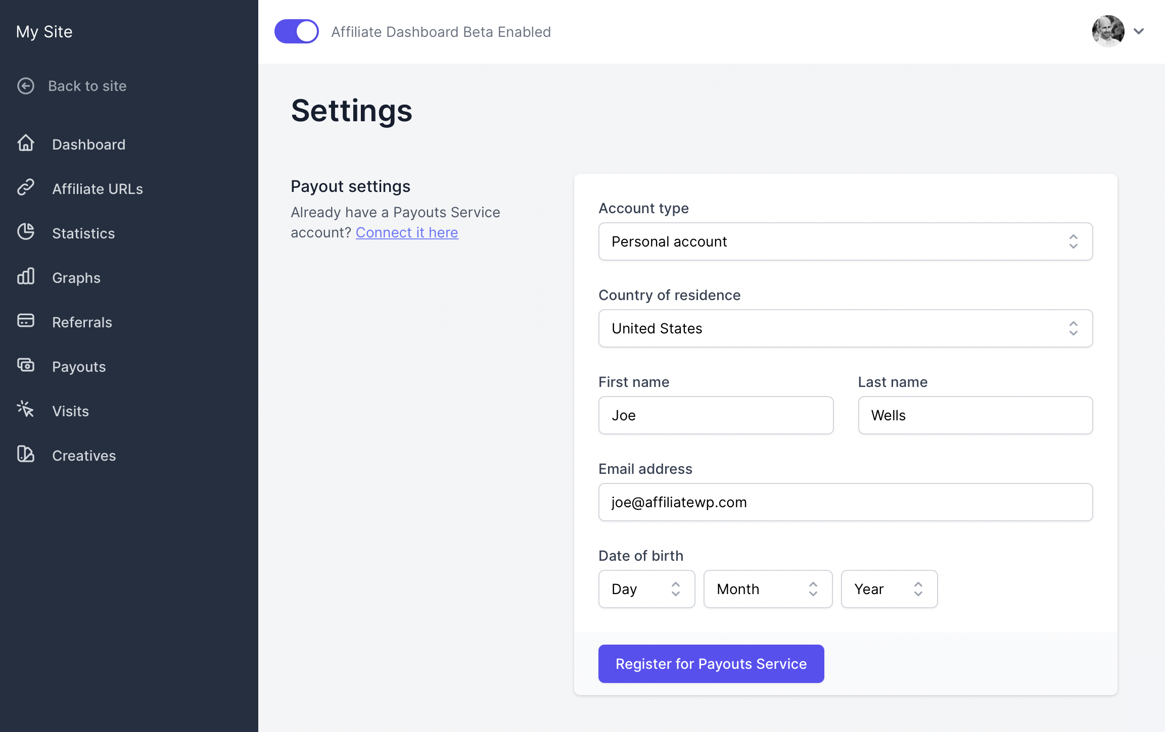 The Settings screen, showing a form for the affiliate to register with the Payouts Service