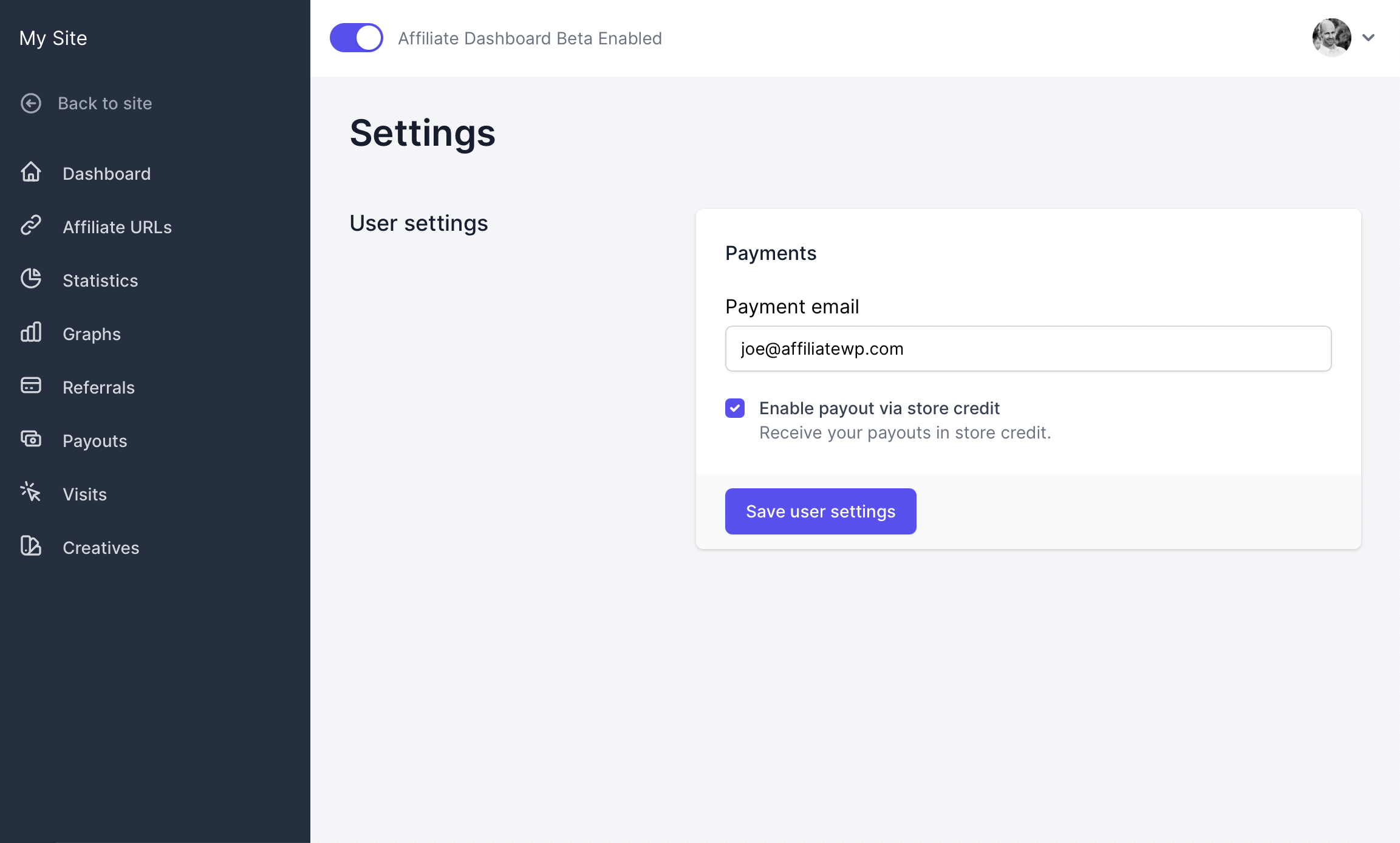 The Settings screen where an affiliate can enable payouts via store credit