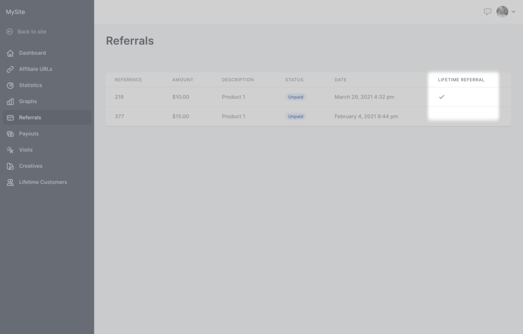 Screenshot - Affiliate Portal: Referrals