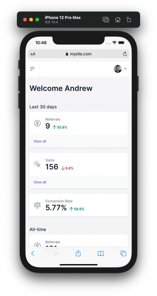 Screenshot - Affiliate Portal: Dashboard on mobile