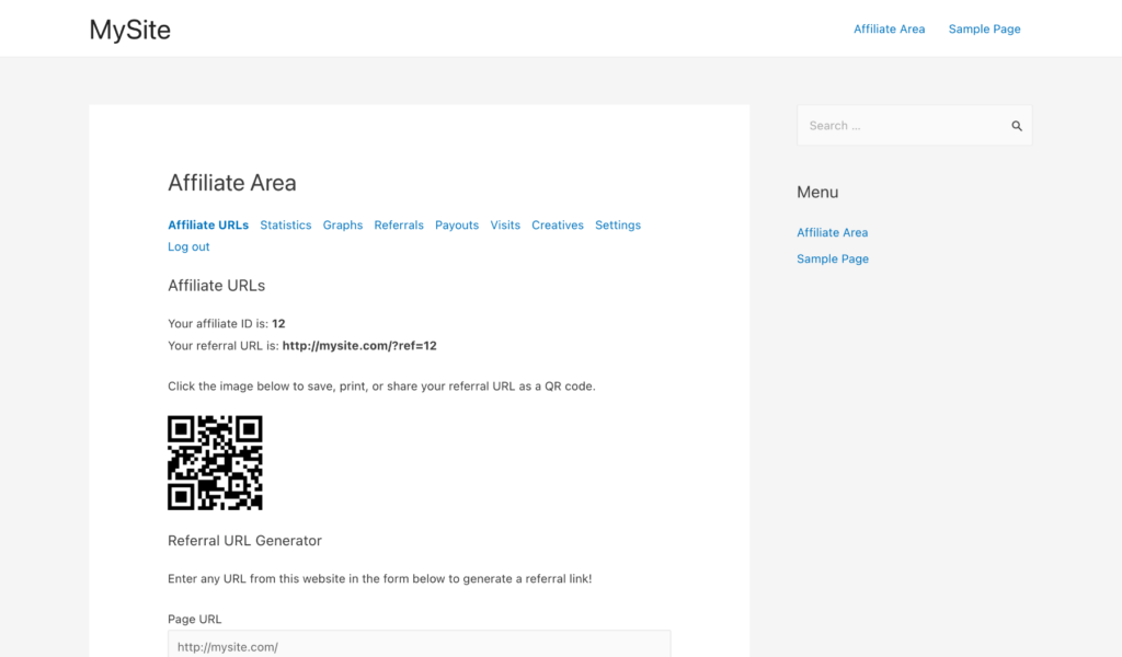 Screenshot - QR code in the Affiliate Area