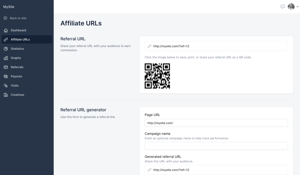 Screenshot - QR code in the Affiliate Portal