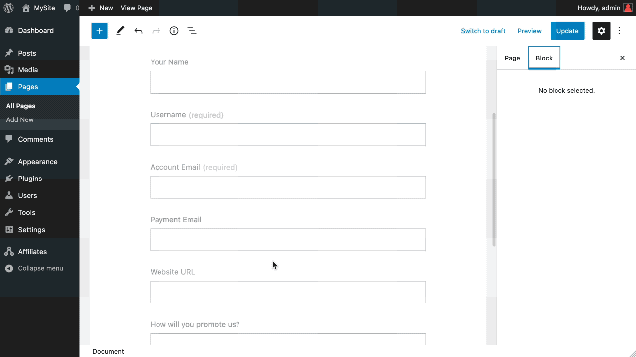 Screenshot - custom fields on the custom affiliate registration form