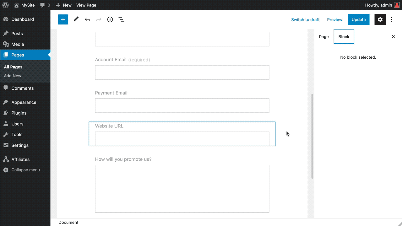 Screenshot - re-order fields on the custom affiliate registration form