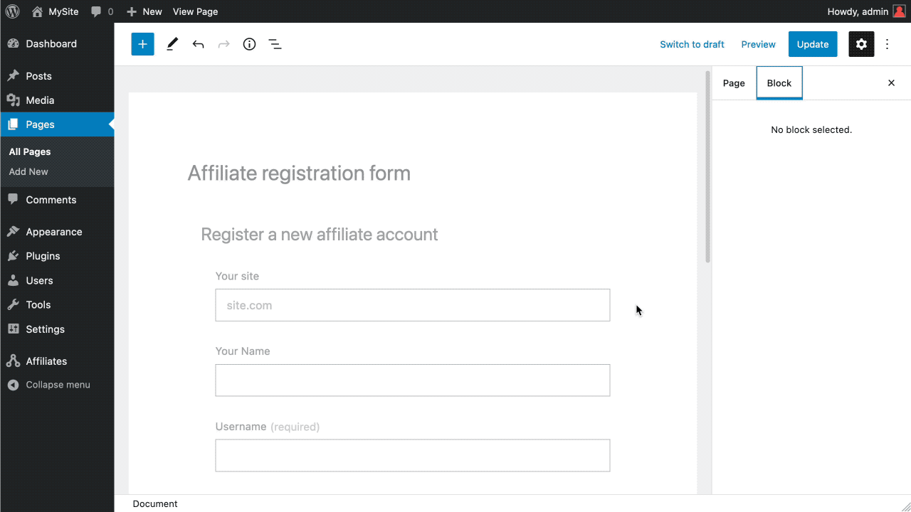 Screenshot - require or don't require fields on the custom affiliate registration form