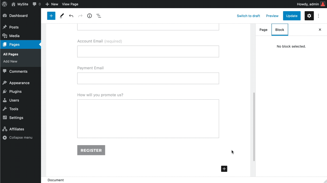 Screenshot - edit button text on the custom affiliate registration form