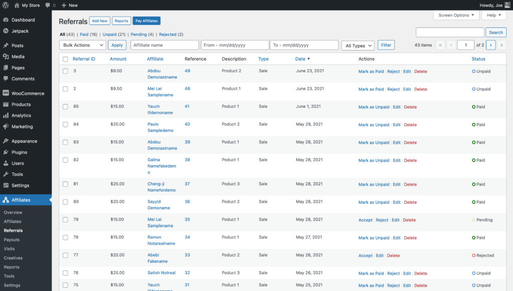 Screenshot: Referrals display