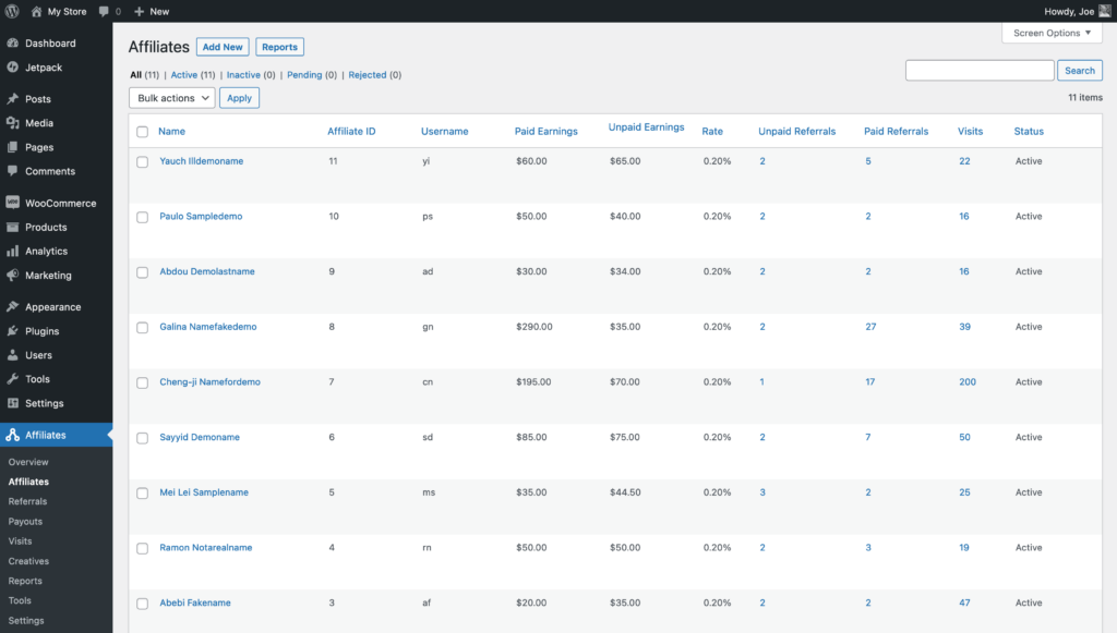 Screenshot: Affiliates display