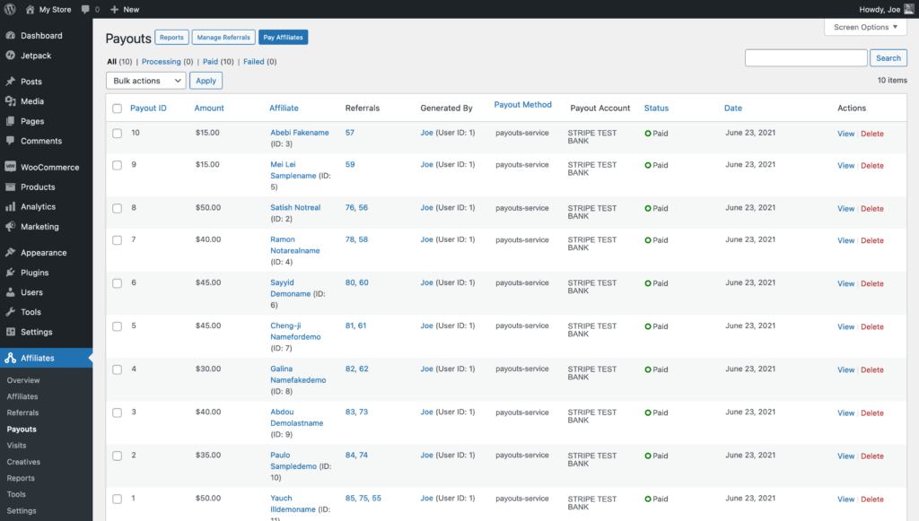 Screenshot: Payouts display