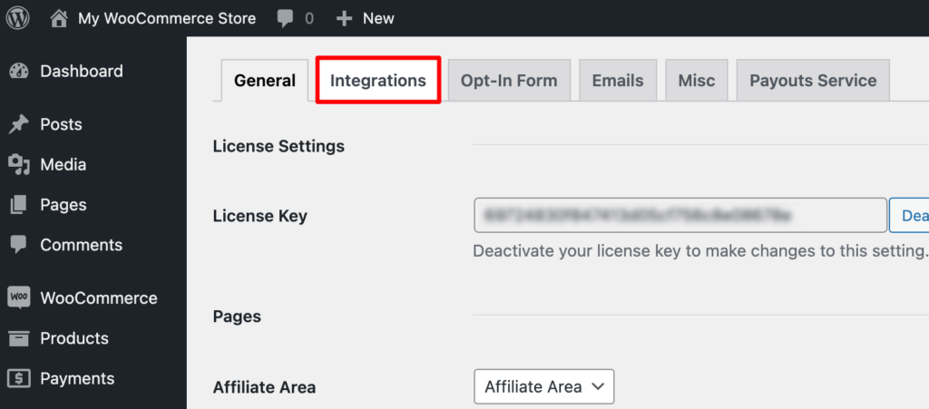 Integrations tab in AffiliateWP settings
