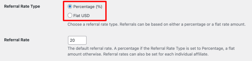 Choose referral rate type in AffiliateWP