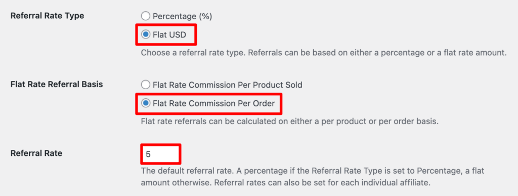 Choose flat rate referral type and flat amount to pay affiliates