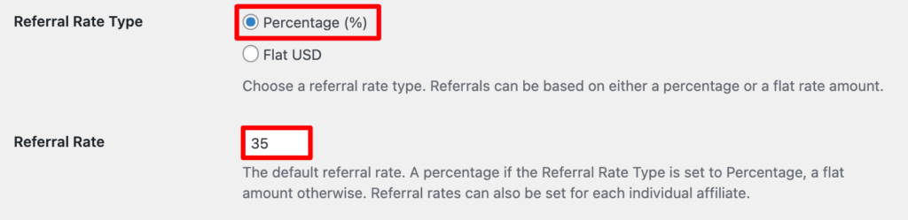 Choose percentage referral rate type and percentage to pay affiliates