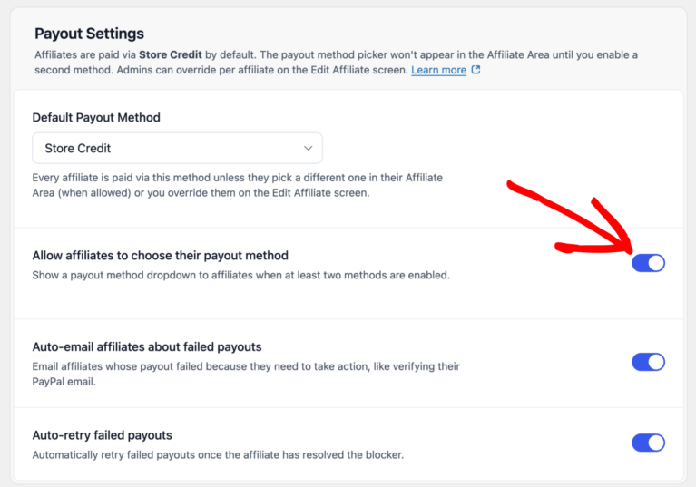 Allow affiliates to choose their payout method