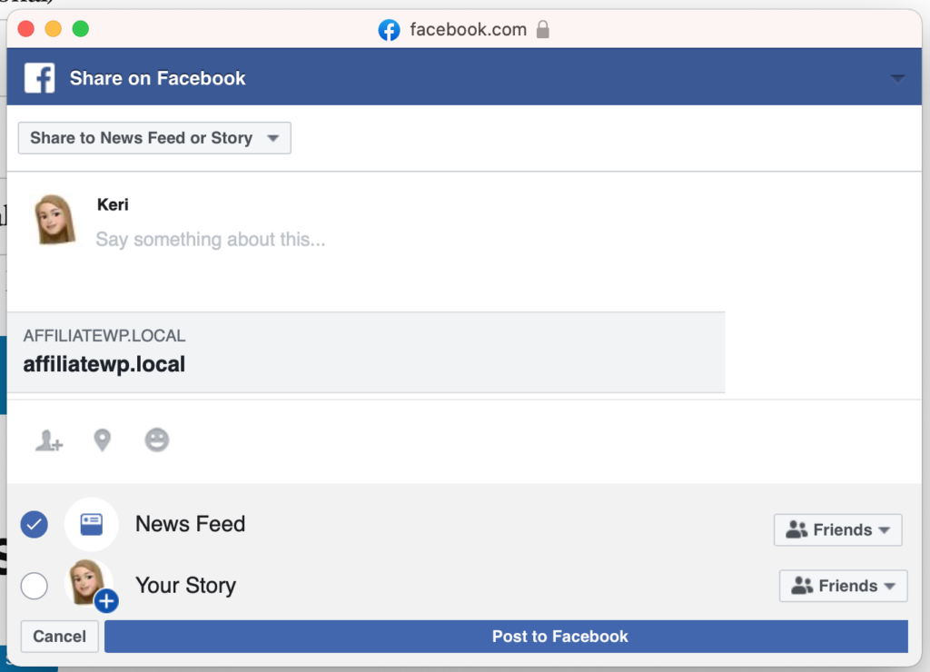 Affiliate Dashboard Sharing Facebook sharing