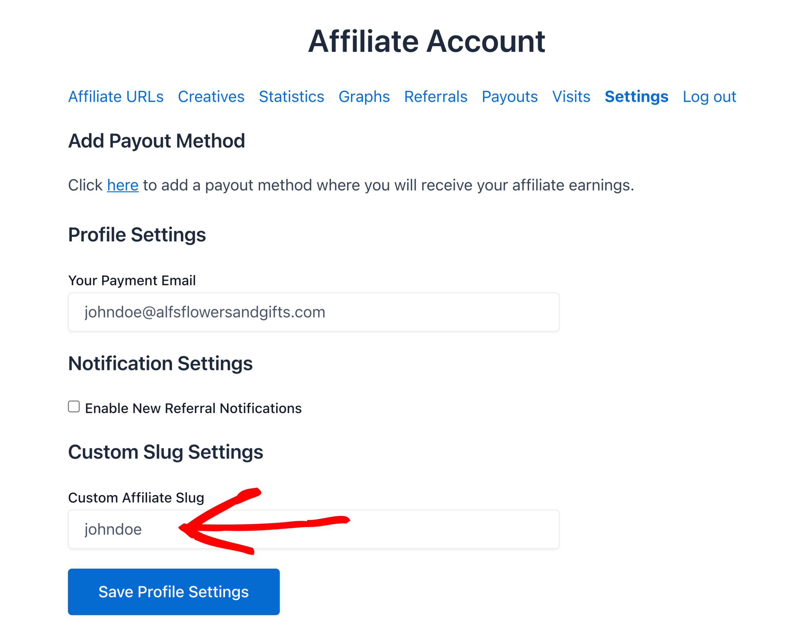 Custom Slug setting in Affiliate Account