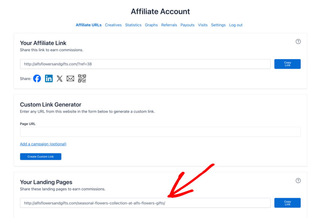 Affiliate Account landing page link