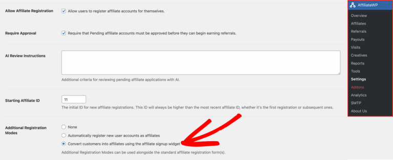 affiliate settings screen referencing the affiliate registration options
